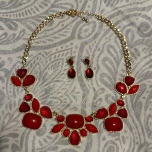 Gold and Red Chunky Necklace w/ Matching Dangling Earrings